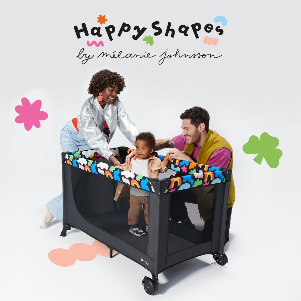 KINDERKRAFT Patut pliabil cu un nivel Joy 2 cu salteluta si geanta de transport Happy Shapes roti dotate cu frana iesire laterala cu fermoar