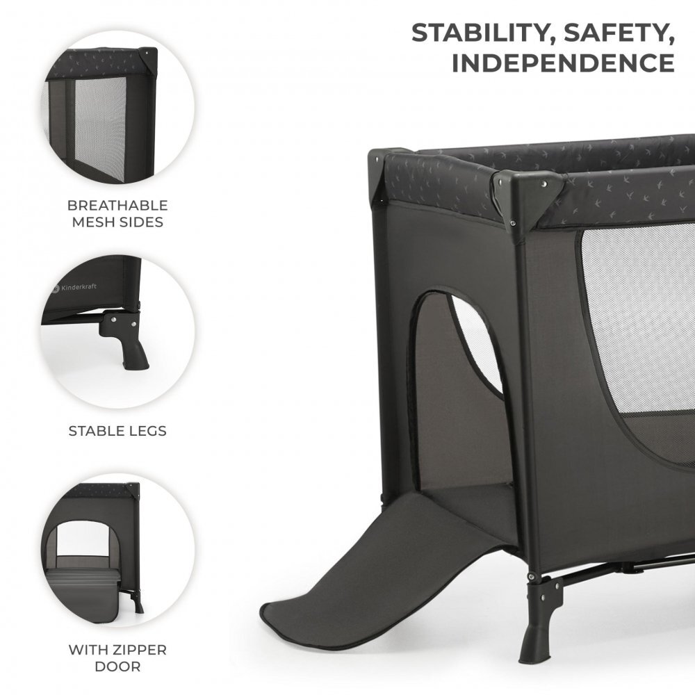 KINDERKRAFT Patut pliabil cu un nivel si Geanta de transport inclusa Joy Light Grey pliabil in 5 secunde