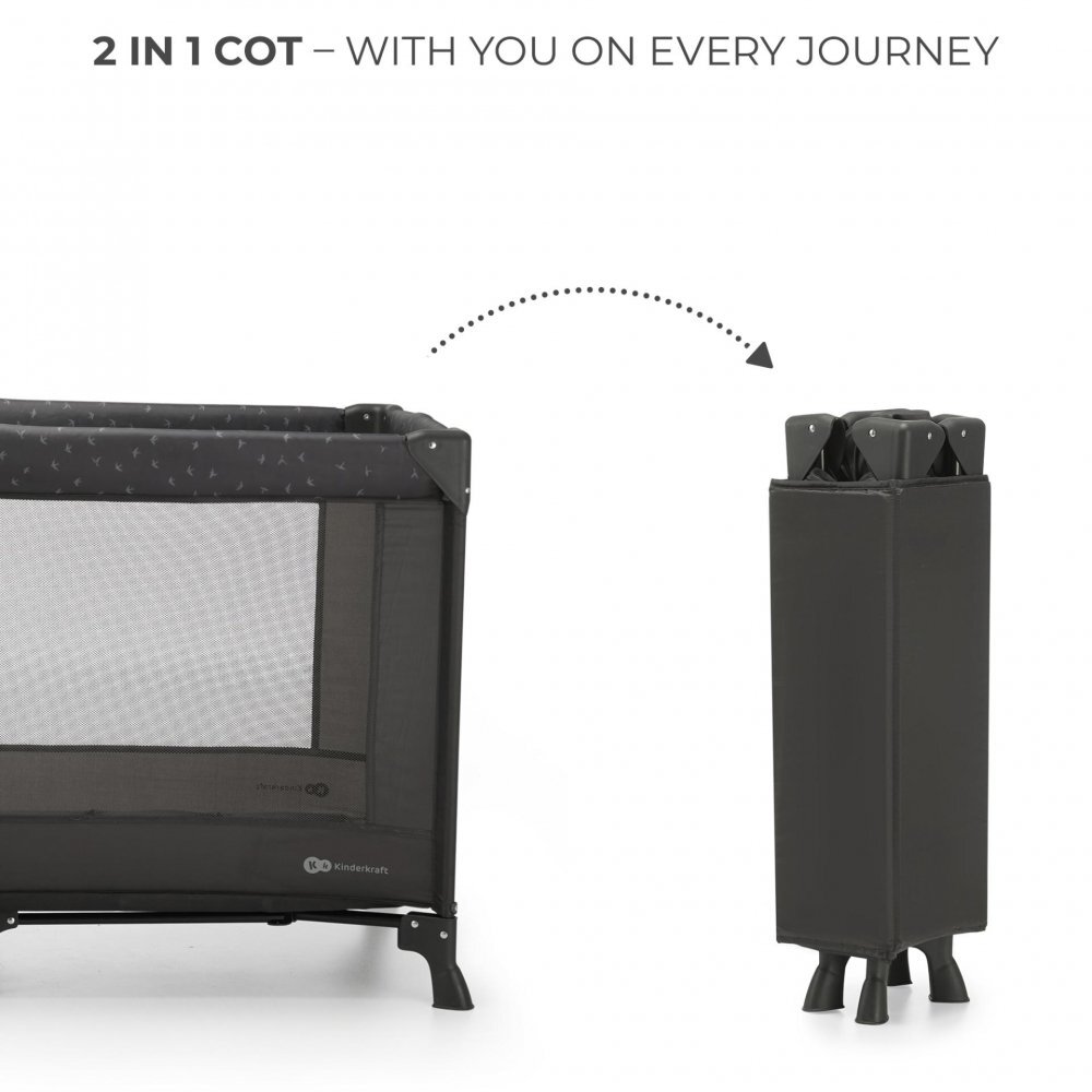 KINDERKRAFT Patut pliabil cu un nivel si Geanta de transport inclusa Joy Light Grey pliabil in 5 secunde