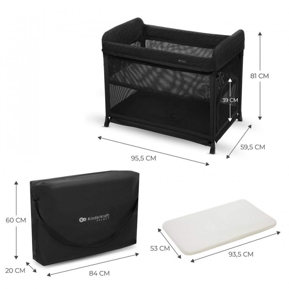 KINDERKRAFT Patut pliabil Moon Dream Black echipat cu o saltea sigura partile laterale din plasa geanta inclusa