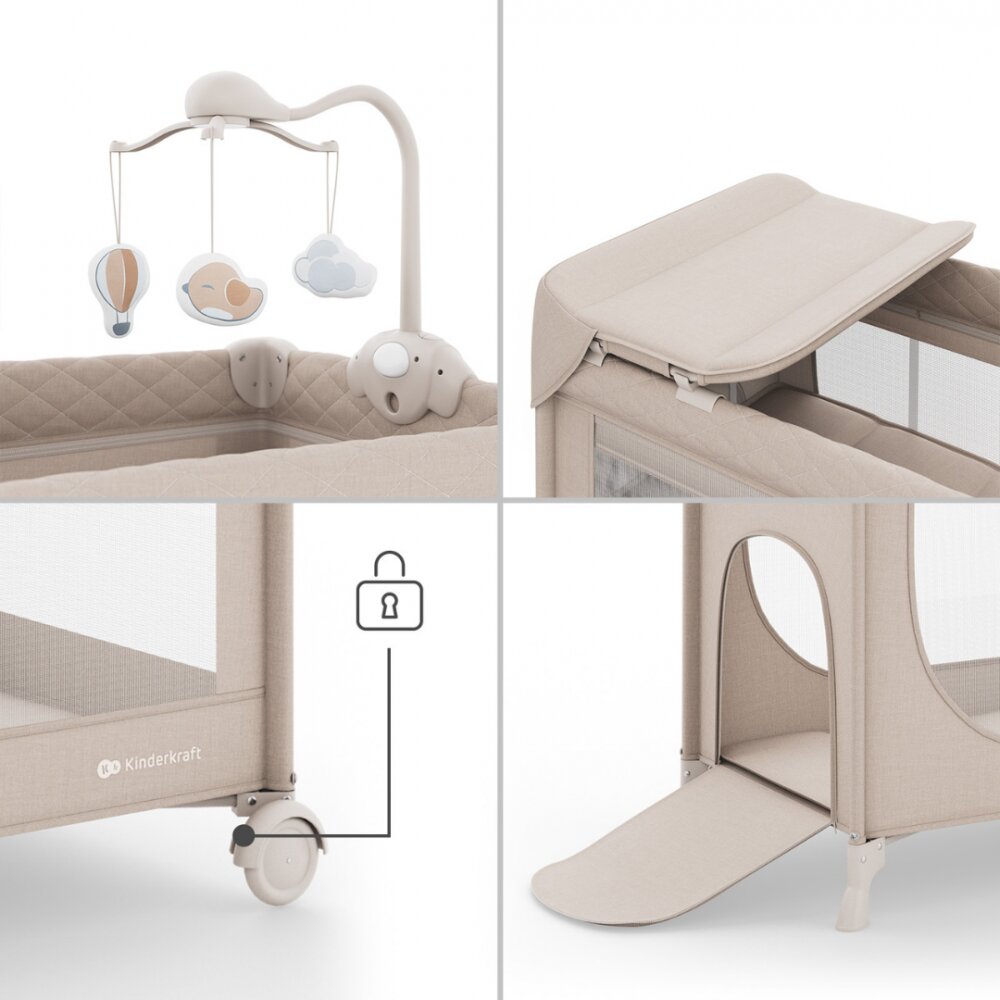 KINDERKRAFT Patut pliabil pentru copii Leody UP Beige cu 2 nivele dimensiuni 120x60 cm accesorii incluse
