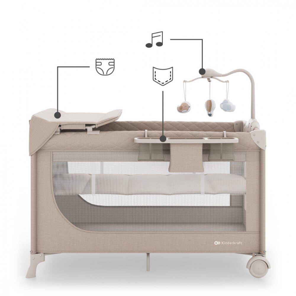 KINDERKRAFT Patut pliabil pentru copii Leody UP Beige cu 2 nivele dimensiuni 120x60 cm accesorii incluse