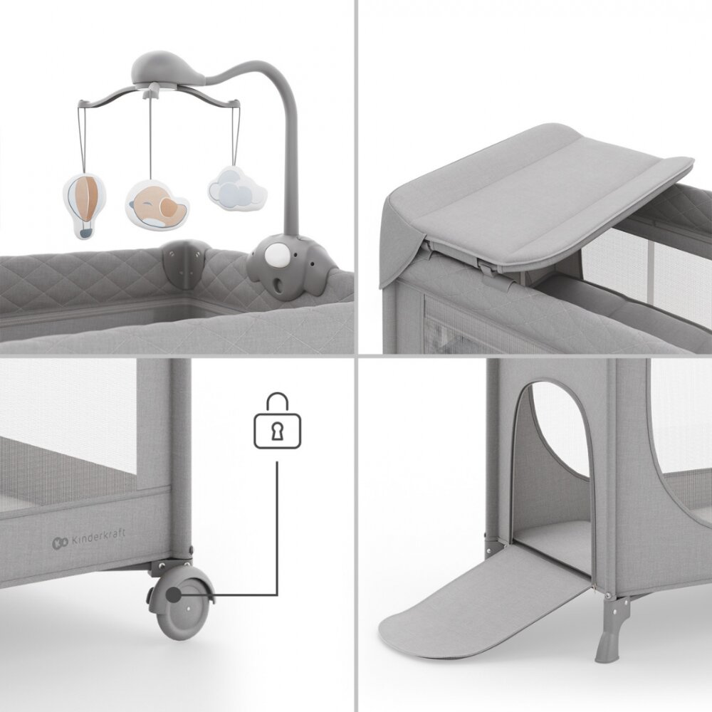 KINDERKRAFT Patut pliabil pentru copii Leody UP Grey cu 2 nivele dimensiuni 120x60 cm accesorii incluse
