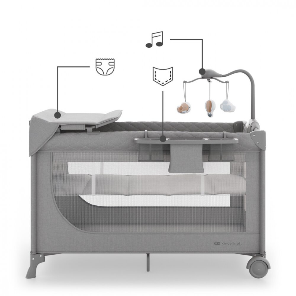 KINDERKRAFT Patut pliabil pentru copii Leody UP Grey cu 2 nivele dimensiuni 120x60 cm accesorii incluse