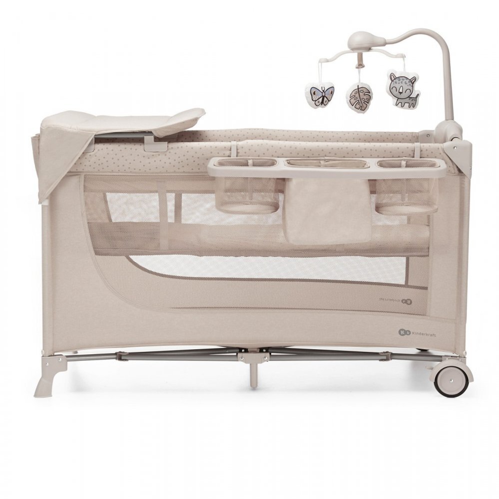 KINDERKRAFT Patut travel Joy 2 Beige cu 2 nivele dubla protectie impotriva auto-plierii intrare laterala cu fermoar carusel masuta de infasat si organizator incluse