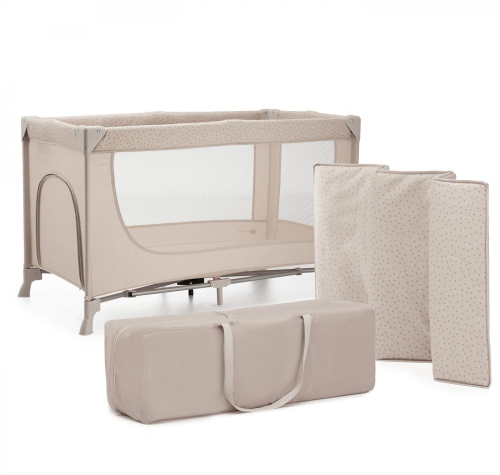 KINDERKRAFT Patut travel Joy 2 Beige cu 2 nivele dubla protectie impotriva auto-plierii intrare laterala cu fermoar carusel masuta de infasat si organizator incluse