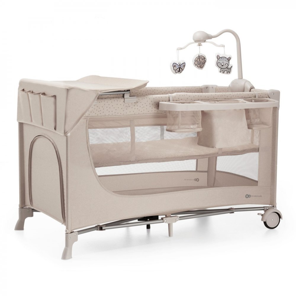 KINDERKRAFT Patut travel Joy 2 Beige cu 2 nivele dubla protectie impotriva auto-plierii intrare laterala cu fermoar carusel masuta de infasat si organizator incluse