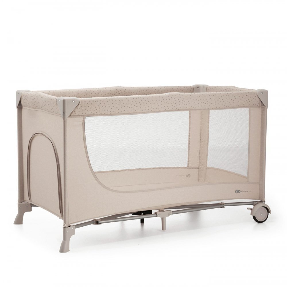 KINDERKRAFT Patut travel Joy 2 Beige cu 2 nivele dubla protectie impotriva auto-plierii intrare laterala cu fermoar carusel masuta de infasat si organizator incluse