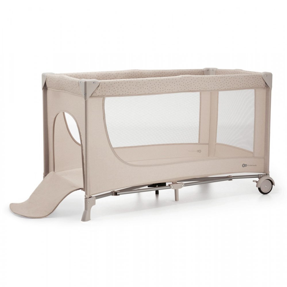 KINDERKRAFT Patut travel Joy 2 Beige cu 2 nivele dubla protectie impotriva auto-plierii intrare laterala cu fermoar carusel masuta de infasat si organizator incluse
