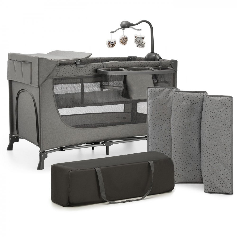 KINDERKRAFT Patut travel Joy 2 Dark Grey cu 2 nivele dubla protectie impotriva auto-plierii intrare laterala cu fermoar carusel masuta de infasat si organizator incluse
