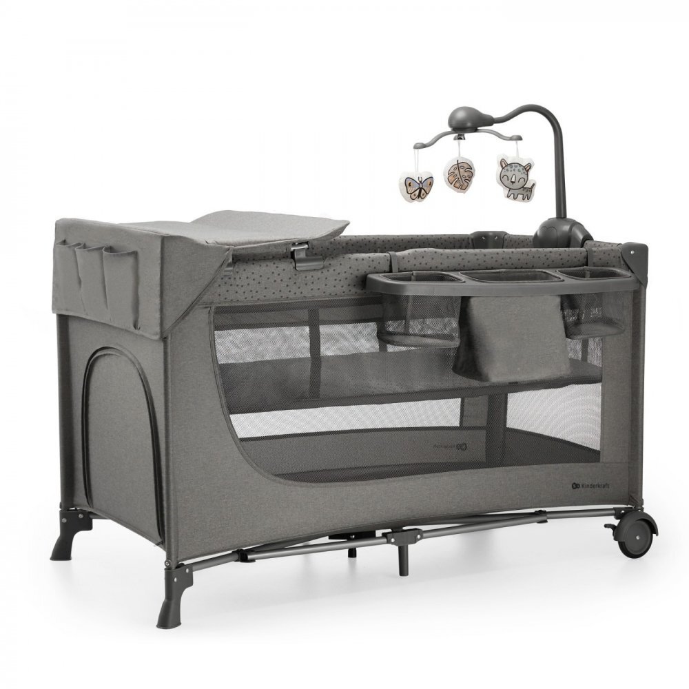 KINDERKRAFT Patut travel Joy 2 Dark Grey cu 2 nivele dubla protectie impotriva auto-plierii intrare laterala cu fermoar carusel masuta de infasat si organizator incluse