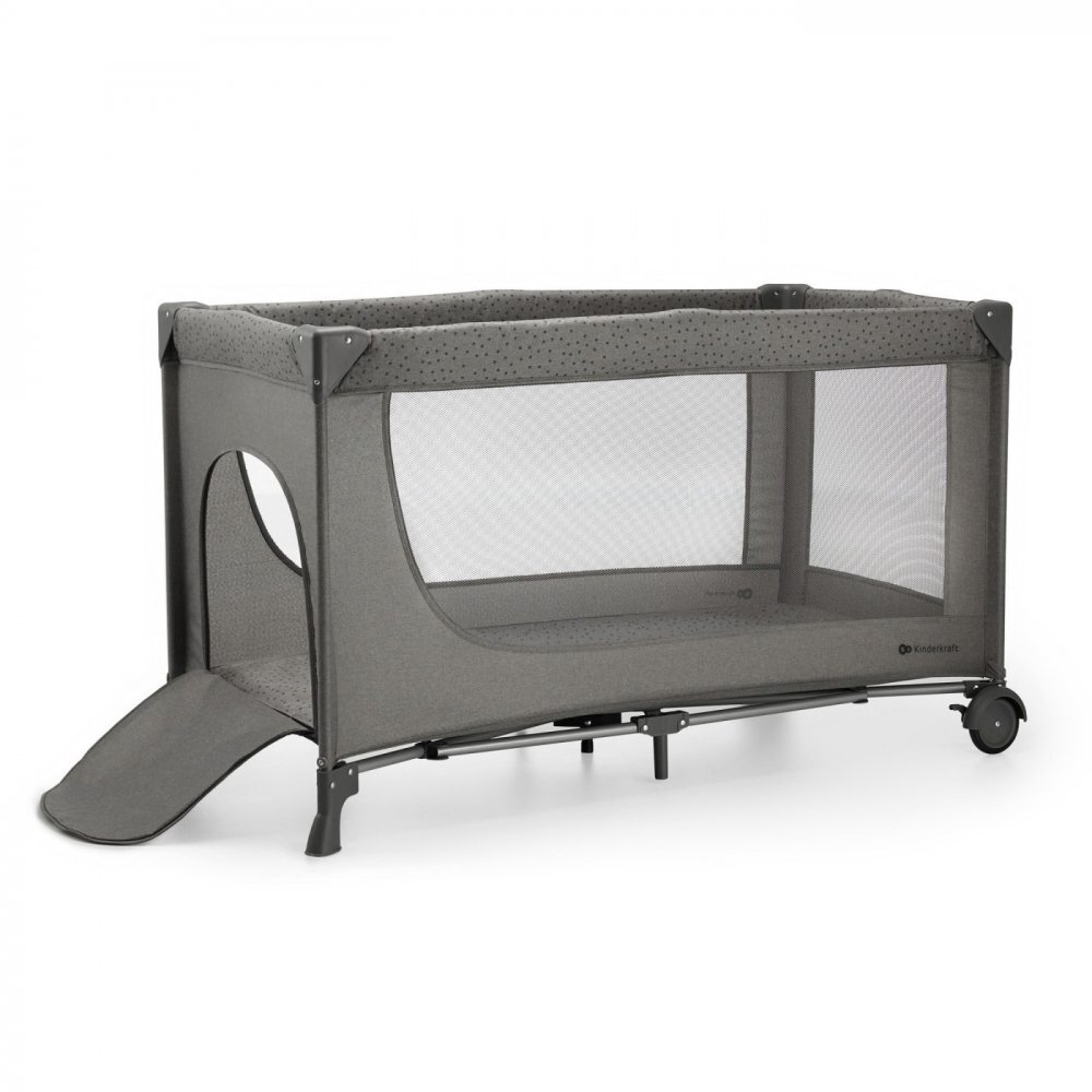 KINDERKRAFT Patut travel Joy 2 Dark Grey cu 2 nivele dubla protectie impotriva auto-plierii intrare laterala cu fermoar carusel masuta de infasat si organizator incluse