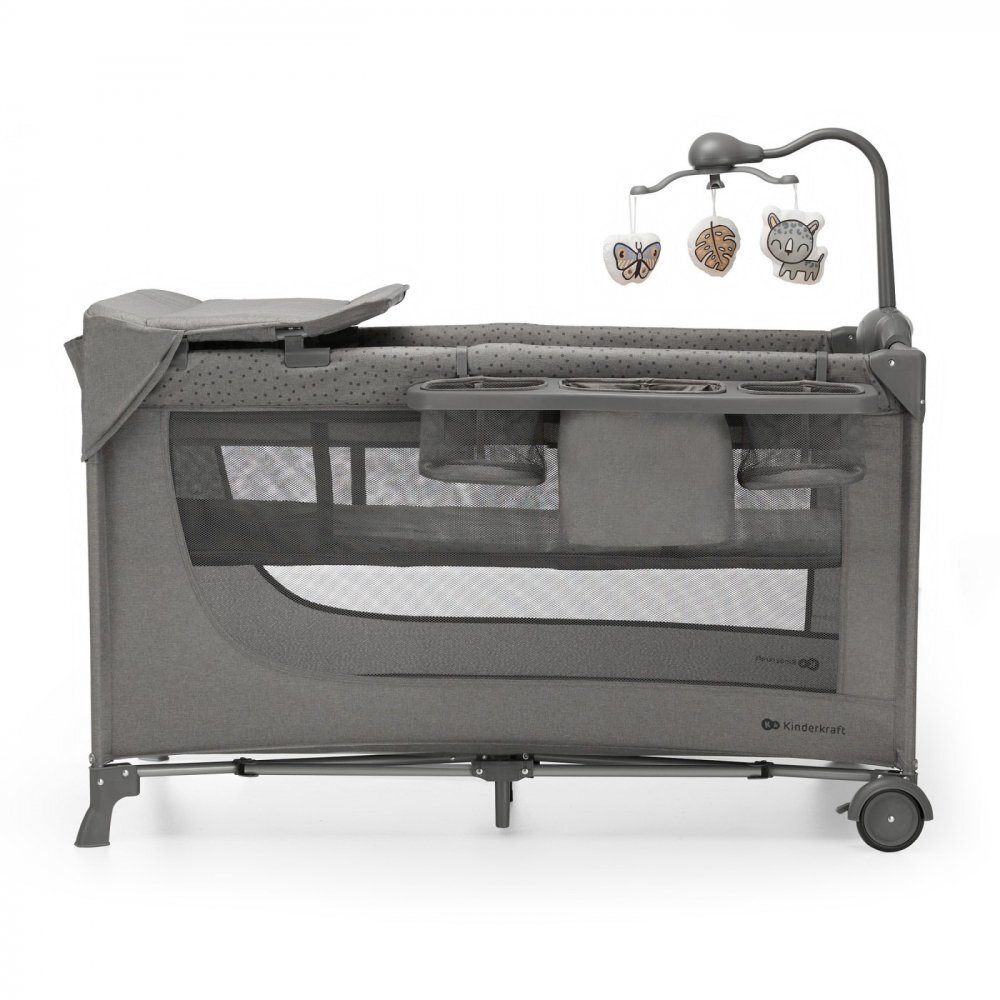 KINDERKRAFT Patut travel Joy 2 Dark Grey cu 2 nivele dubla protectie impotriva auto-plierii intrare laterala cu fermoar carusel masuta de infasat si organizator incluse