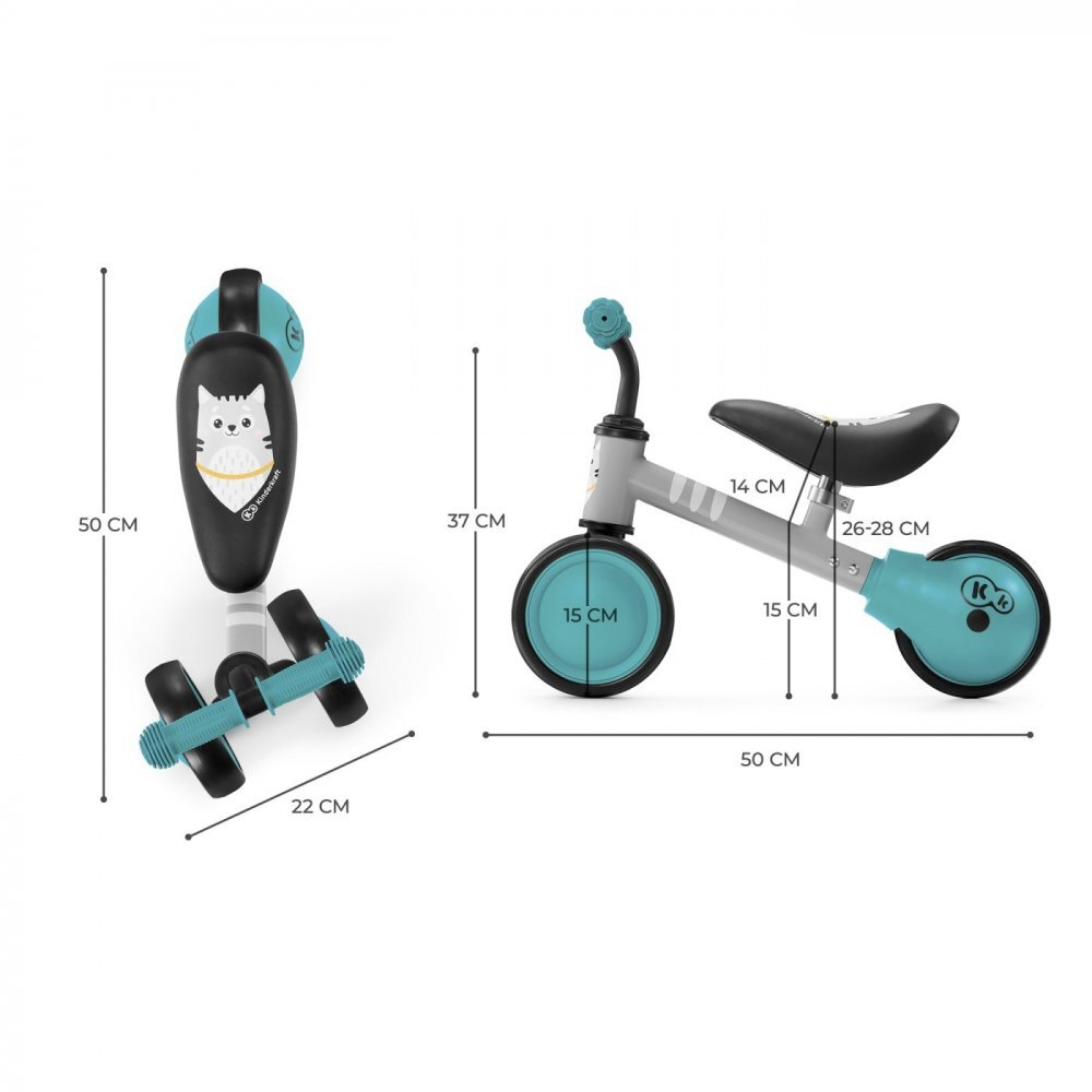 KINDERKRAFT Tricicleta copii de echilibru Cutie turcoise de la 1 an roti spuma EVA scaun reglabil pe inaltime limitator directie sarcina maxima admisa 15 kg