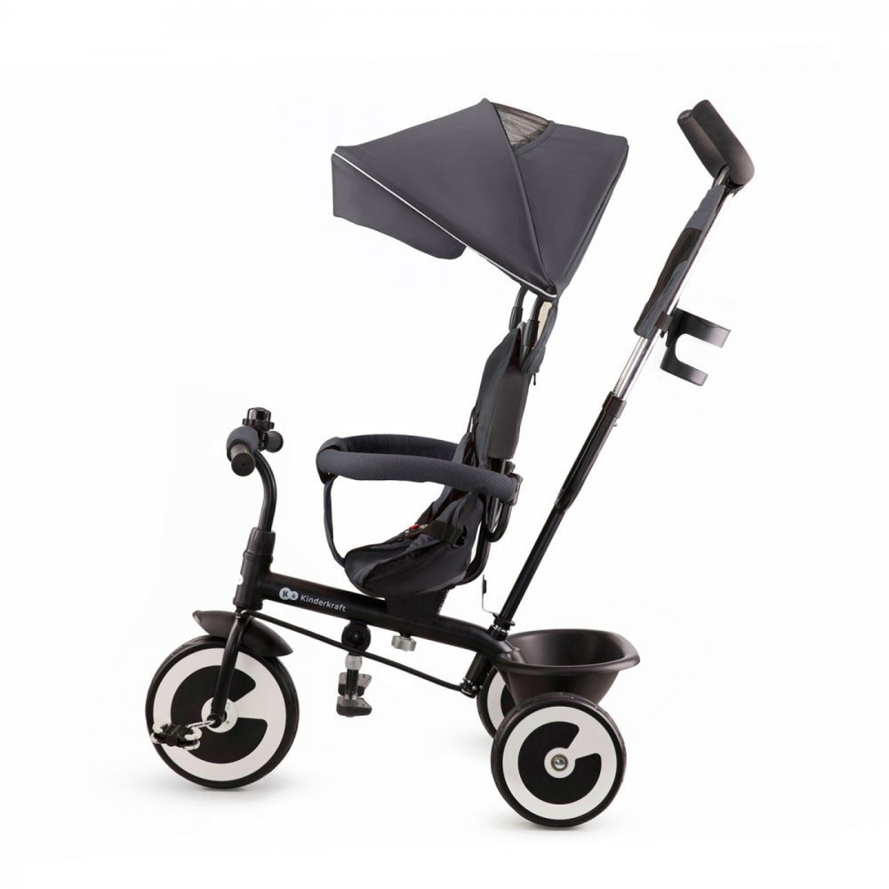 KINDERKRAFT Tricicleta pentru copii Aston Malachite Grey cu sezut reversibil roti din spuma Eva suport pentru picioare copertina XXL frana pe rotile din spate de la varsta de 9 luni