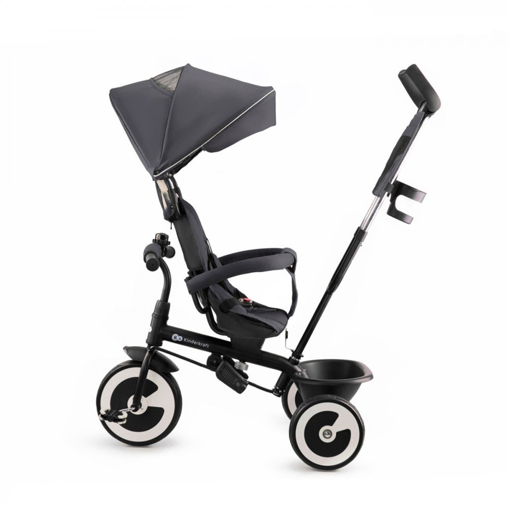KINDERKRAFT Tricicleta pentru copii Aston Malachite Grey cu sezut reversibil roti din spuma Eva suport pentru picioare copertina XXL frana pe rotile din spate de la varsta de 9 luni