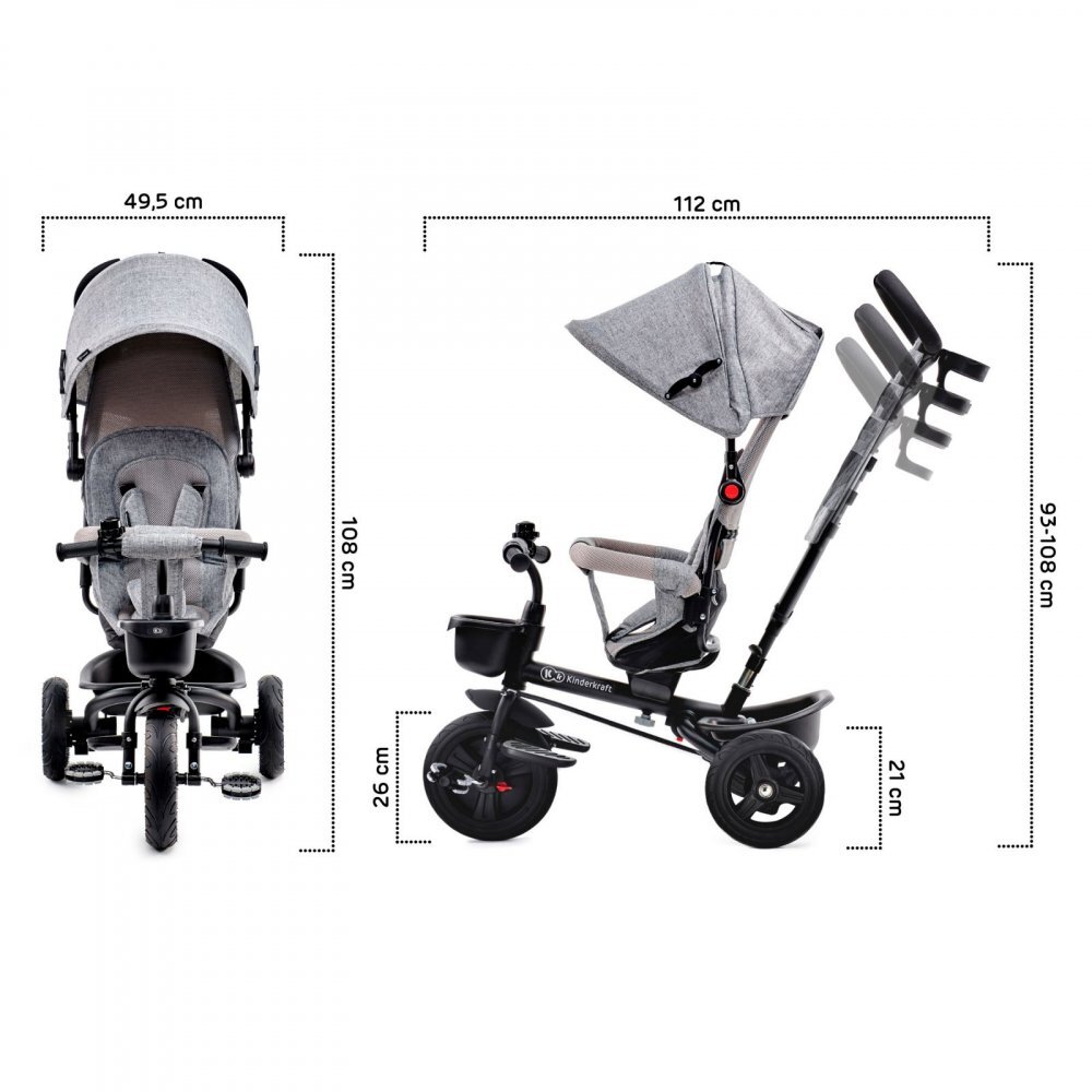 KINDERKRAFT Tricicleta pentru copii Aveo Light Grey de la 9 luni cu sezut rotativ suport pentru picioare maner cu control al directiei gentuta si cos pentru accesorii