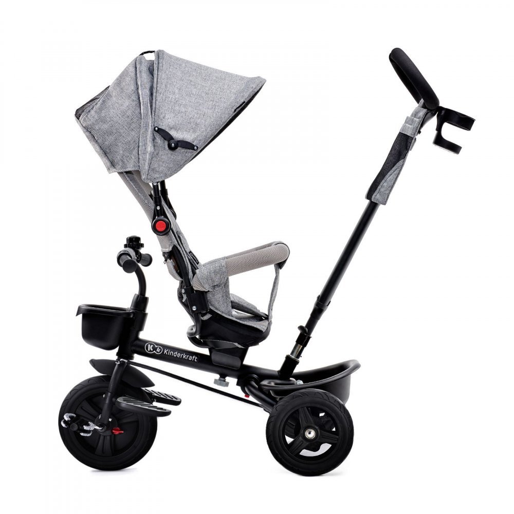 KINDERKRAFT Tricicleta pentru copii Aveo Light Grey de la 9 luni cu sezut rotativ suport pentru picioare maner cu control al directiei gentuta si cos pentru accesorii