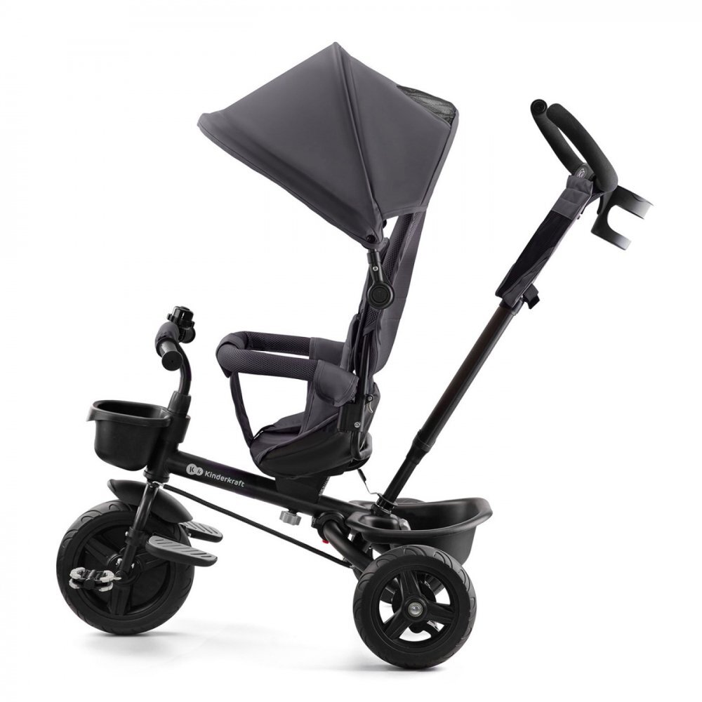 KINDERKRAFT Tricicleta pentru copii Aveo Malachite Grey de la 9 luni cu sezut rotativ suport pentru picioare maner cu control al directiei gentuta si cos pentru accesorii