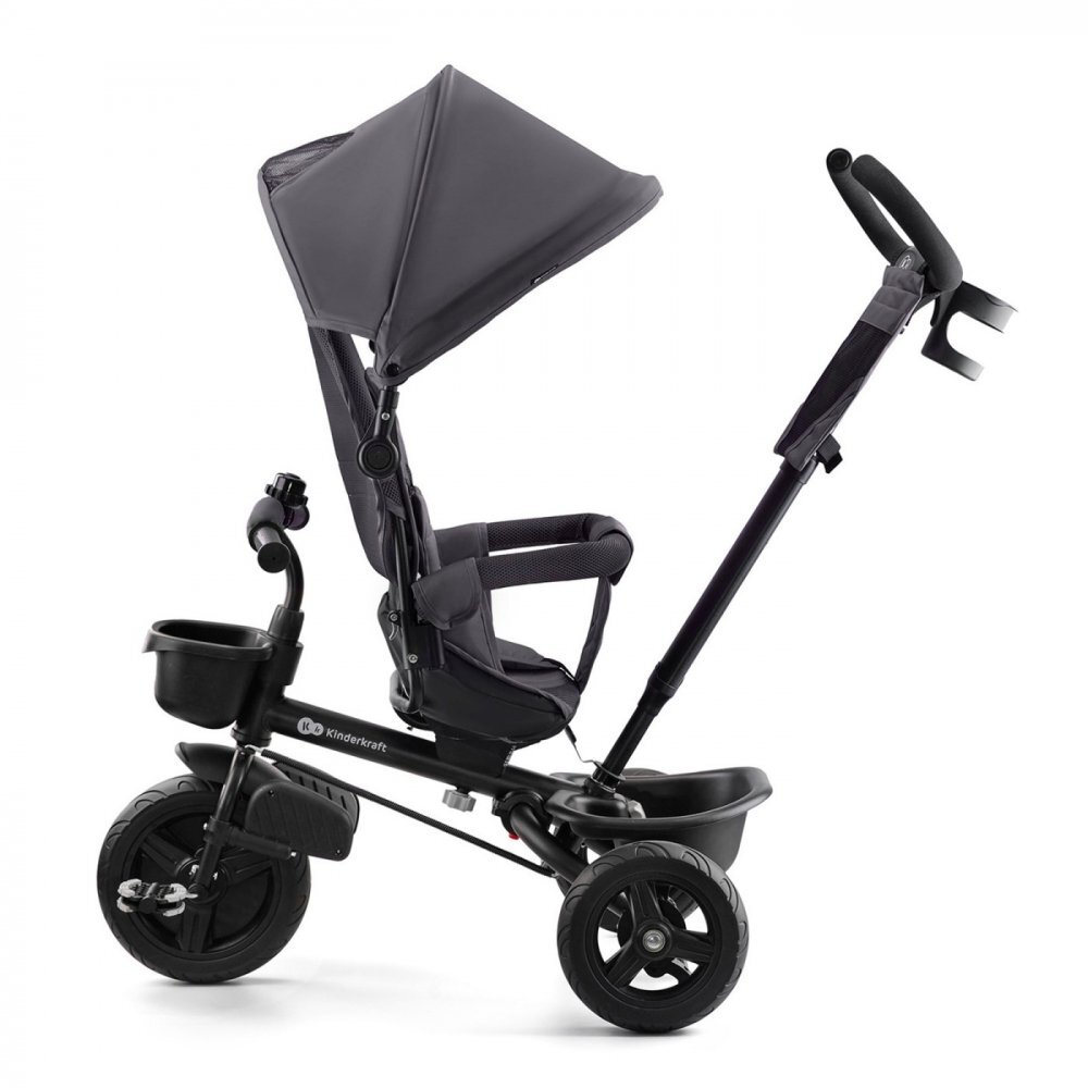 KINDERKRAFT Tricicleta pentru copii Aveo Malachite Grey de la 9 luni cu sezut rotativ suport pentru picioare maner cu control al directiei gentuta si cos pentru accesorii