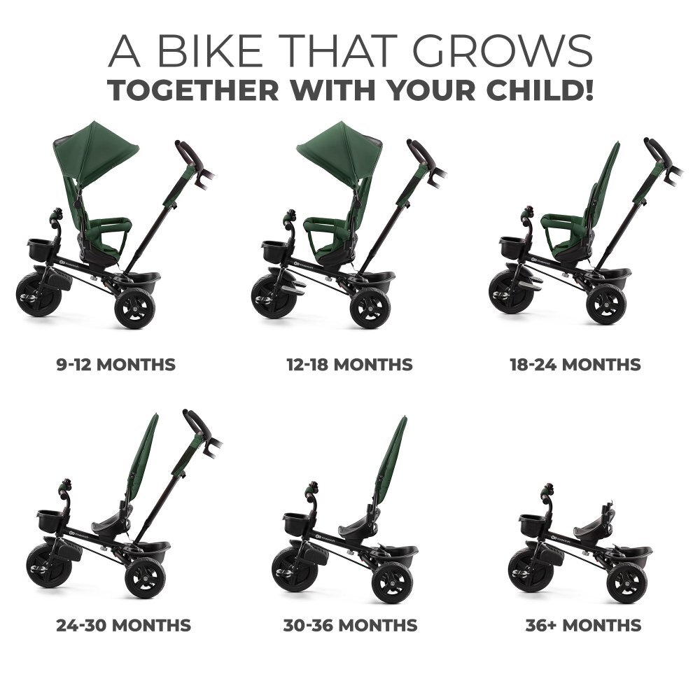 KINDERKRAFT Tricicleta pentru copii Aveo Mystic Green de la 9 luni cu sezut rotativ suport pentru picioare maner cu control al directiei gentuta si cos pentru accesorii