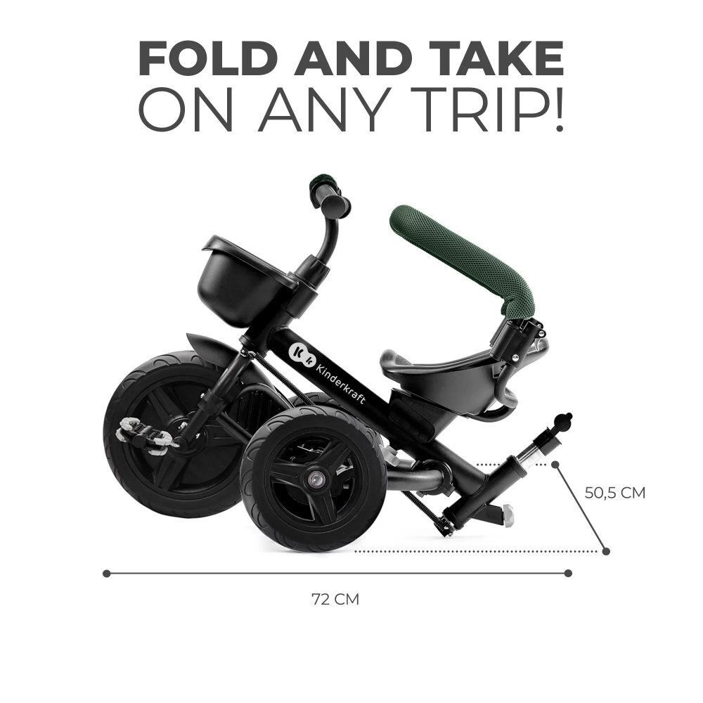 KINDERKRAFT Tricicleta pentru copii Aveo Mystic Green de la 9 luni cu sezut rotativ suport pentru picioare maner cu control al directiei gentuta si cos pentru accesorii