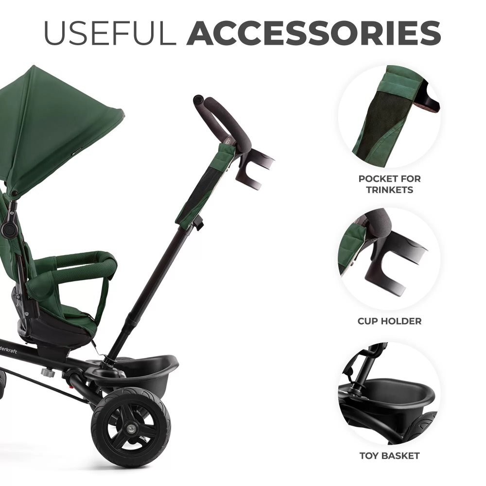 KINDERKRAFT Tricicleta pentru copii Aveo Mystic Green de la 9 luni cu sezut rotativ suport pentru picioare maner cu control al directiei gentuta si cos pentru accesorii