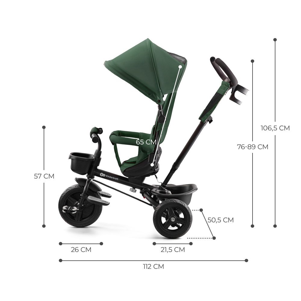 KINDERKRAFT Tricicleta pentru copii Aveo Mystic Green de la 9 luni cu sezut rotativ suport pentru picioare maner cu control al directiei gentuta si cos pentru accesorii
