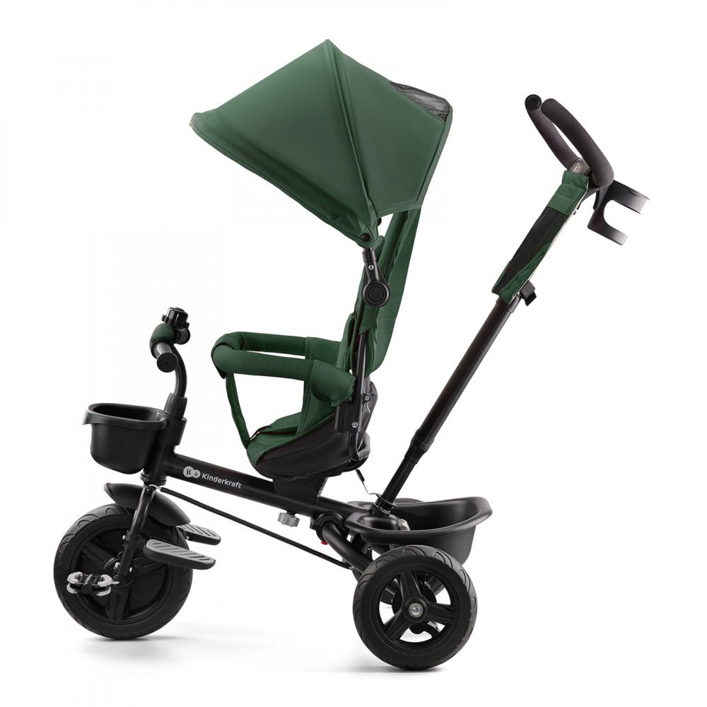 KINDERKRAFT Tricicleta pentru copii Aveo Mystic Green de la 9 luni cu sezut rotativ suport pentru picioare maner cu control al directiei gentuta si cos pentru accesorii
