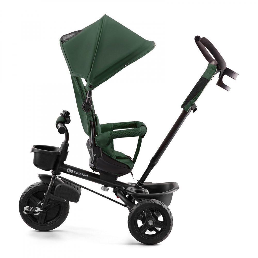KINDERKRAFT Tricicleta pentru copii Aveo Mystic Green de la 9 luni cu sezut rotativ suport pentru picioare maner cu control al directiei gentuta si cos pentru accesorii