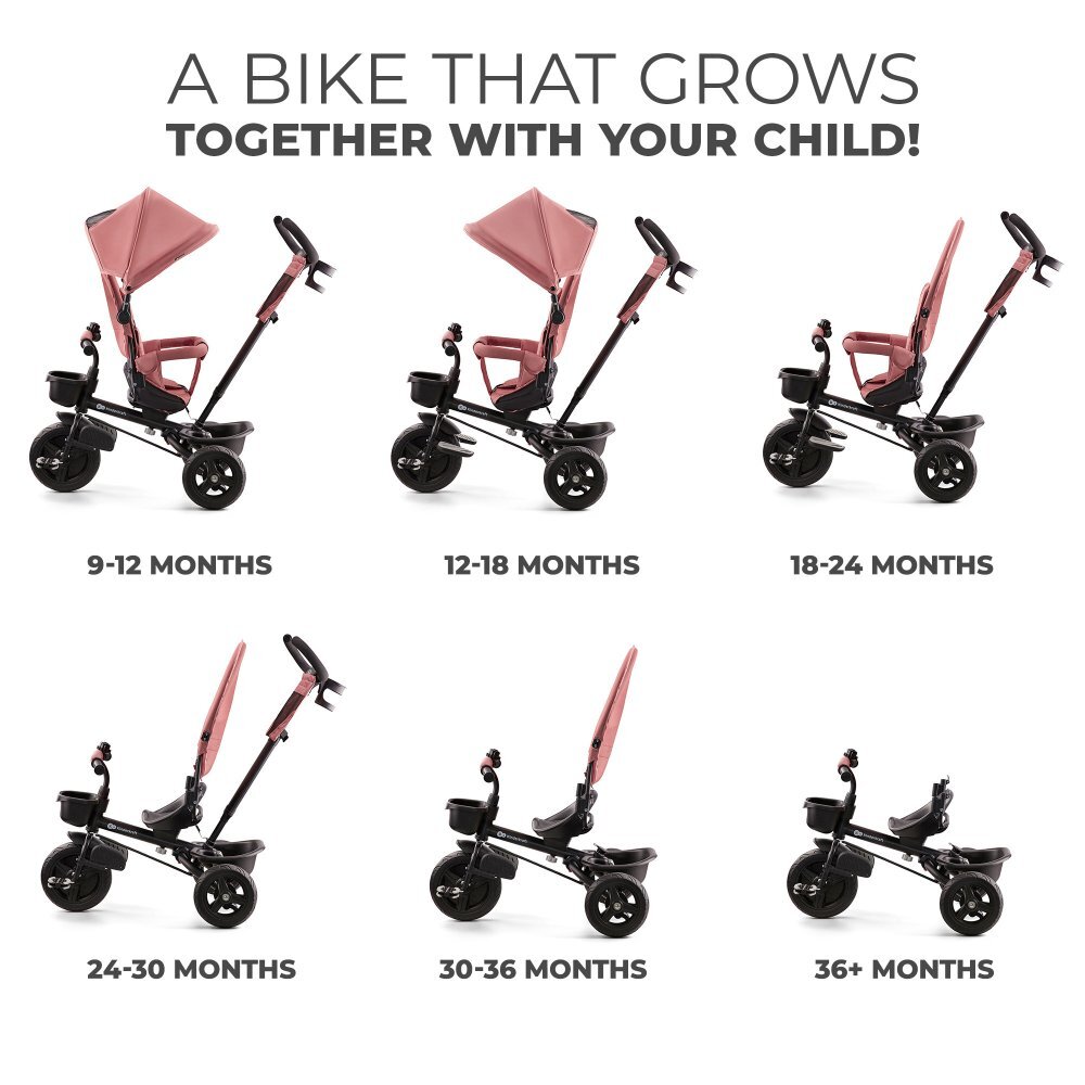 KINDERKRAFT Tricicleta pentru copii Aveo Rose Pink de la 9 luni cu sezut rotativ suport pentru picioare maner cu control al directiei gentuta si cos pentru accesorii