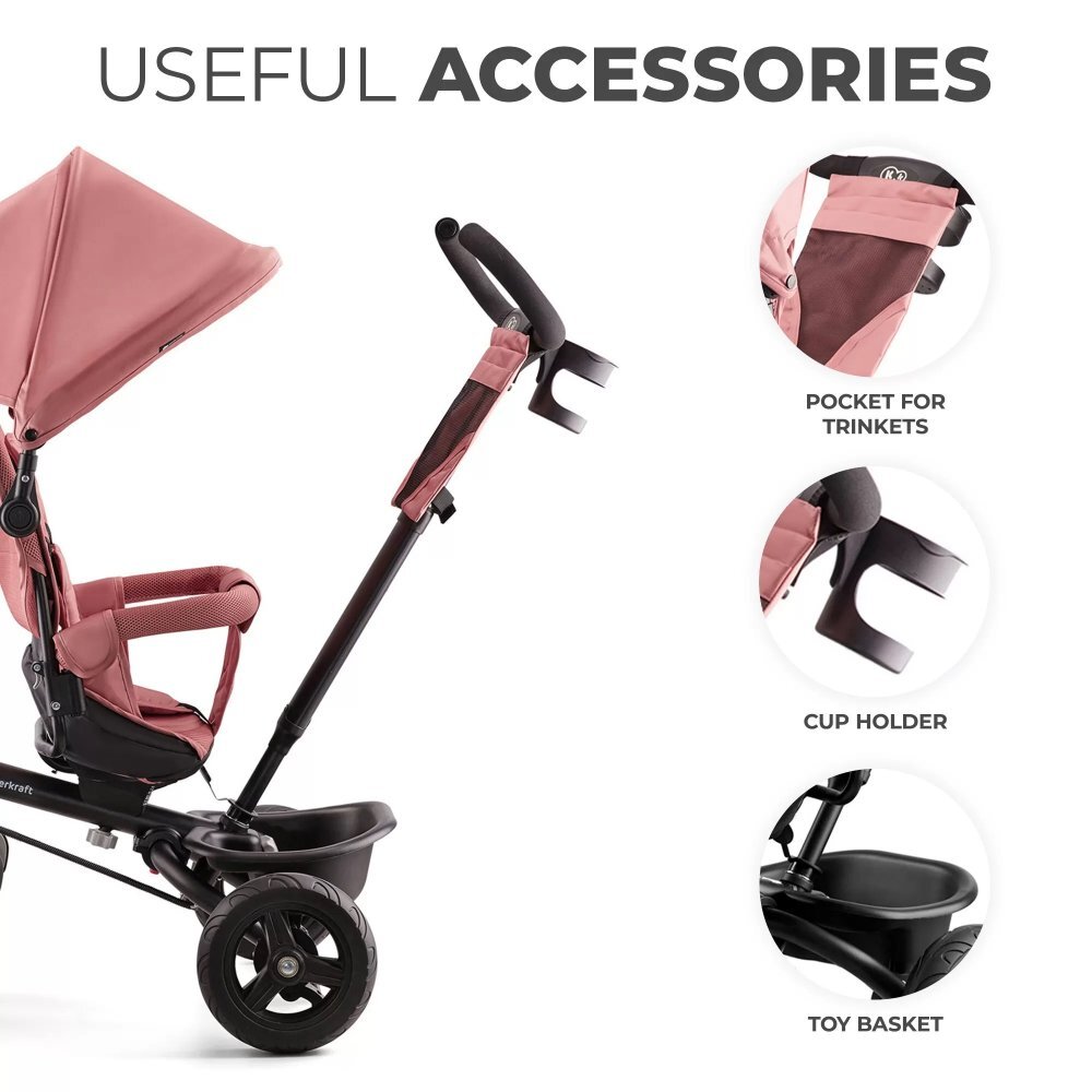 KINDERKRAFT Tricicleta pentru copii Aveo Rose Pink de la 9 luni cu sezut rotativ suport pentru picioare maner cu control al directiei gentuta si cos pentru accesorii