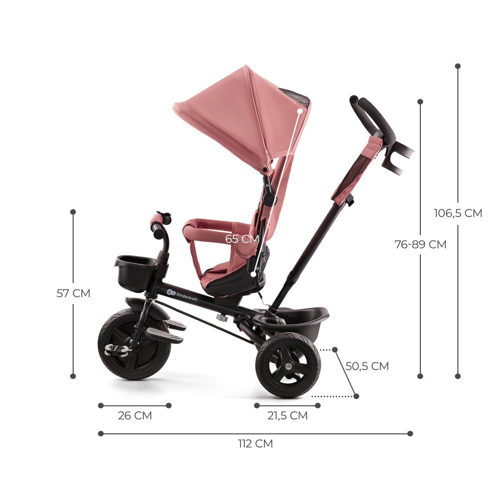 KINDERKRAFT Tricicleta pentru copii Aveo Rose Pink de la 9 luni cu sezut rotativ suport pentru picioare maner cu control al directiei gentuta si cos pentru accesorii