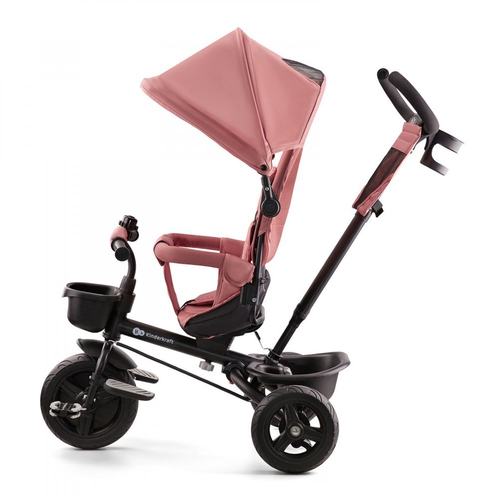 KINDERKRAFT Tricicleta pentru copii Aveo Rose Pink de la 9 luni cu sezut rotativ suport pentru picioare maner cu control al directiei gentuta si cos pentru accesorii