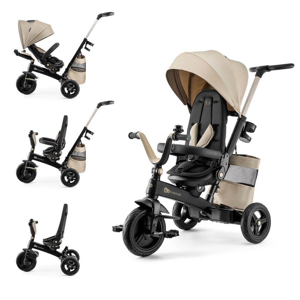 KINDERKRAFT Tricicleta pentru copii Easytwist Beige cu scaun reversibil pozitie de somn cauciucuri PU protectie UV de la varsta de 9 luni