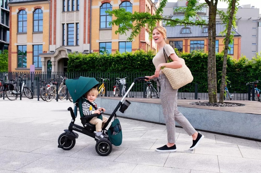 KINDERKRAFT Tricicleta pentru copii Easytwist Midnight Green cu scaun reversibil pozitie de somn cauciucuri PU protectie UV de la varsta de 9 luni