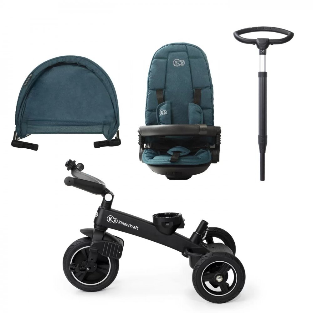 KINDERKRAFT Tricicleta pentru copii Easytwist Midnight Green cu scaun reversibil pozitie de somn cauciucuri PU protectie UV de la varsta de 9 luni