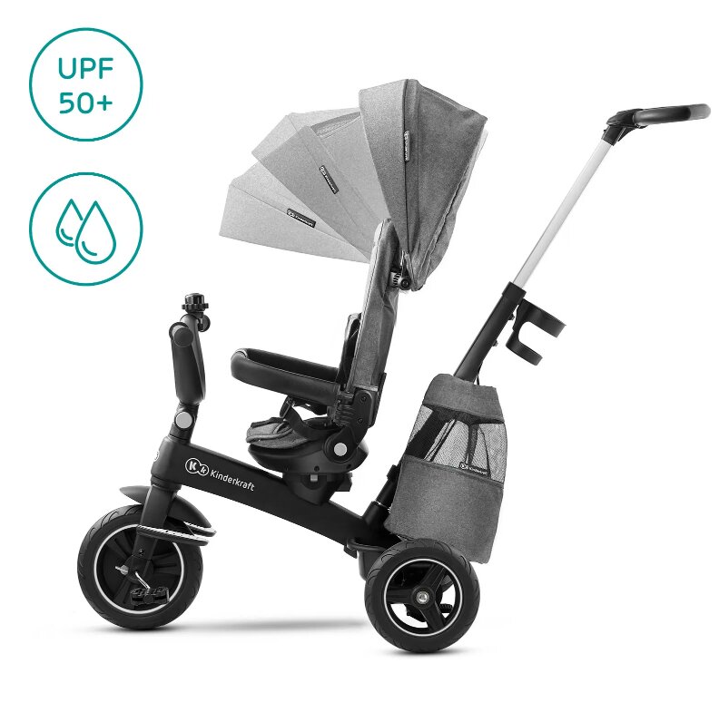 KINDERKRAFT Tricicleta pentru copii Easytwist platinum grey cu sezut rotativ 360 grade maner cu control al directiei reglabil pe 4 niveluri suport pentru cana sac-rucsac pentru accesorii frana pe rotile din spate