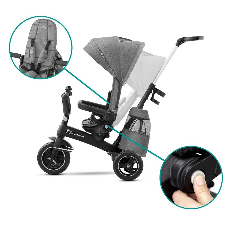 KINDERKRAFT Tricicleta pentru copii Easytwist platinum grey cu sezut rotativ 360 grade maner cu control al directiei reglabil pe 4 niveluri suport pentru cana sac-rucsac pentru accesorii frana pe rotile din spate
