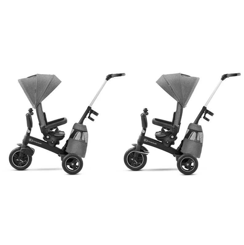 KINDERKRAFT Tricicleta pentru copii Easytwist platinum grey cu sezut rotativ 360 grade maner cu control al directiei reglabil pe 4 niveluri suport pentru cana sac-rucsac pentru accesorii frana pe rotile din spate