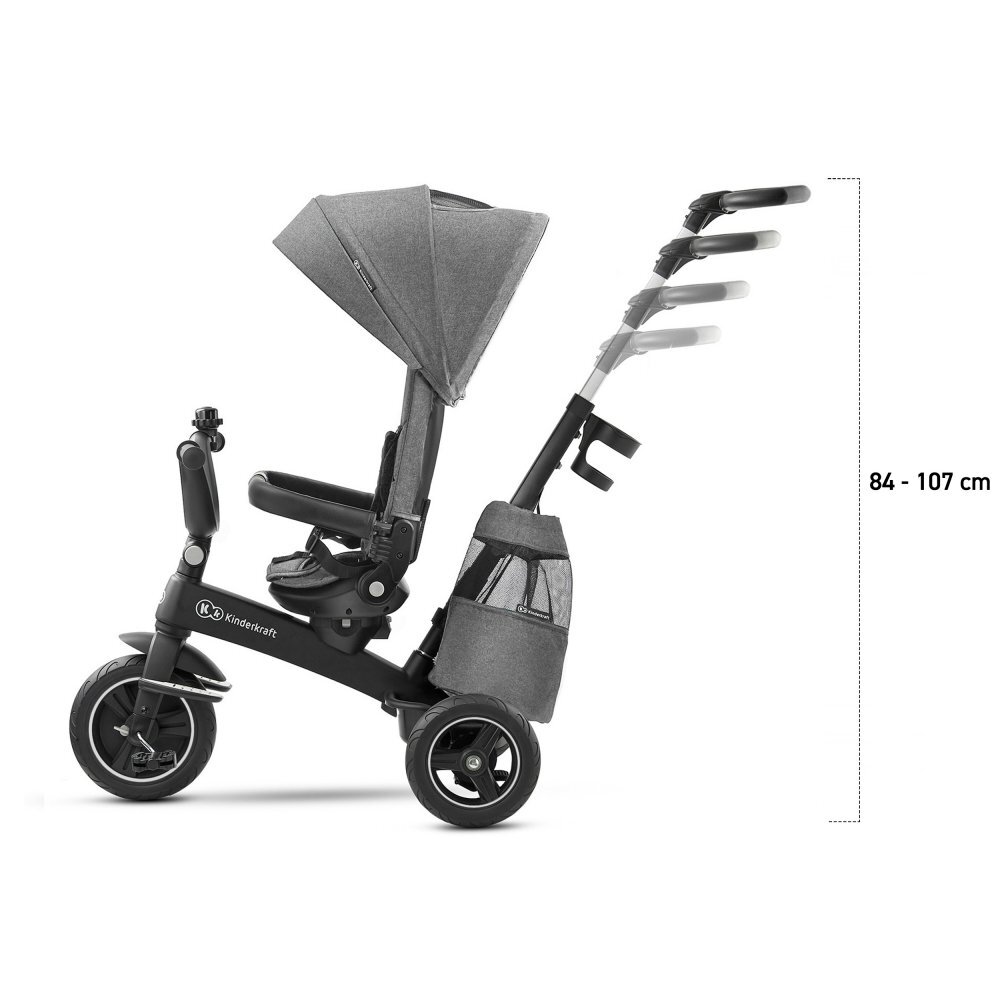 KINDERKRAFT Tricicleta pentru copii Easytwist platinum grey cu sezut rotativ 360 grade maner cu control al directiei reglabil pe 4 niveluri suport pentru cana sac-rucsac pentru accesorii frana pe rotile din spate