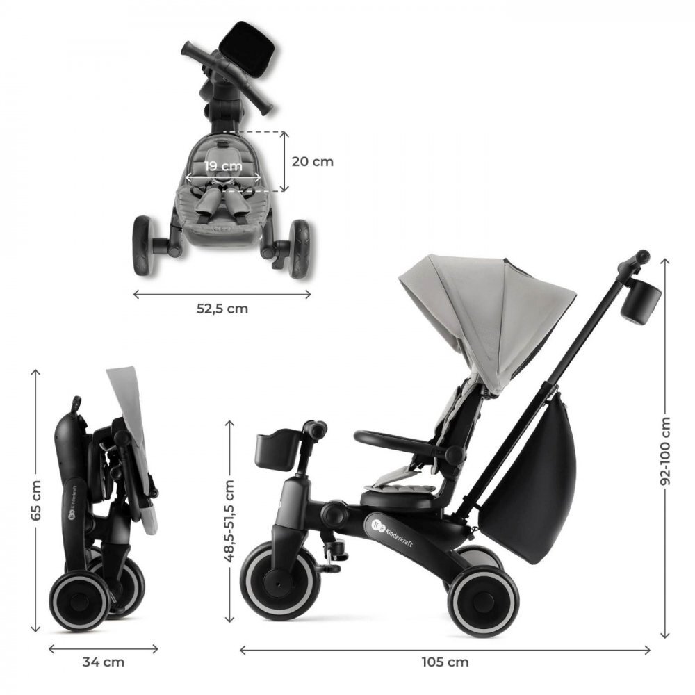 KINDERKRAFT Tricicleta pentru copii Jazz 2 Grey pliabila scaun rotativ spatar reglabil maner ajustabil