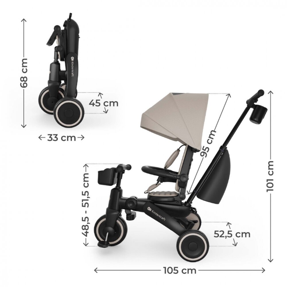 KINDERKRAFT Tricicleta pentru copii Jazz 3 Bej pliabila scaun rotativ spatar reglabil maner ajustabil