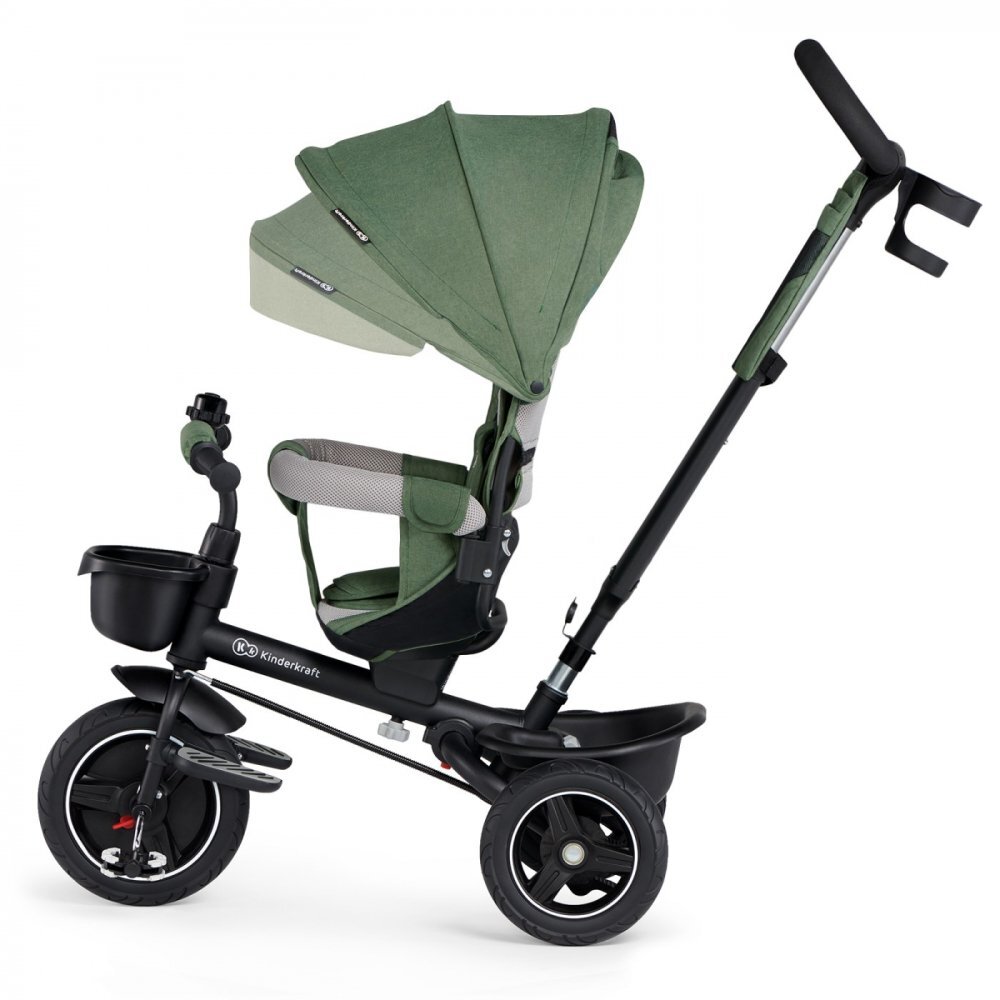 KINDERKRAFT Tricicleta pentru copii Spinstep Green 5 in 1 cu scaun reversibil maner cu control al directiei copertina XXl cu filtru UV roti rezistente PU spatar inalt si confortabil cu husa moale frana pe rotile din spat