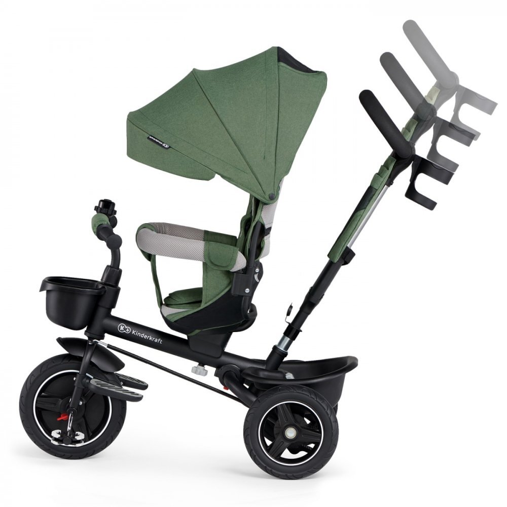 KINDERKRAFT Tricicleta pentru copii Spinstep Green 5 in 1 cu scaun reversibil maner cu control al directiei copertina XXl cu filtru UV roti rezistente PU spatar inalt si confortabil cu husa moale frana pe rotile din spat