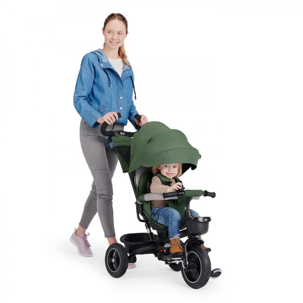 KINDERKRAFT Tricicleta pentru copii Spinstep Green 5 in 1 cu scaun reversibil maner cu control al directiei copertina XXl cu filtru UV roti rezistente PU spatar inalt si confortabil cu husa moale frana pe rotile din spat