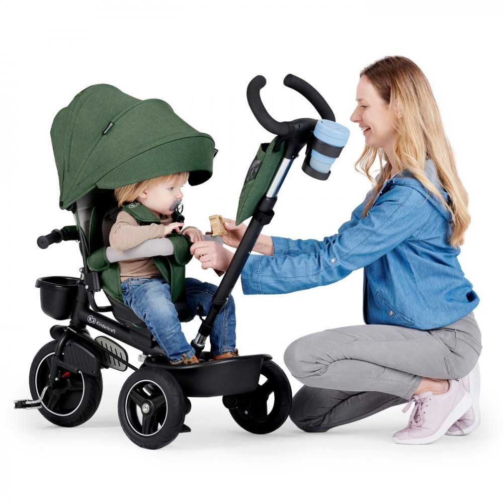 KINDERKRAFT Tricicleta pentru copii Spinstep Green 5 in 1 cu scaun reversibil maner cu control al directiei copertina XXl cu filtru UV roti rezistente PU spatar inalt si confortabil cu husa moale frana pe rotile din spat