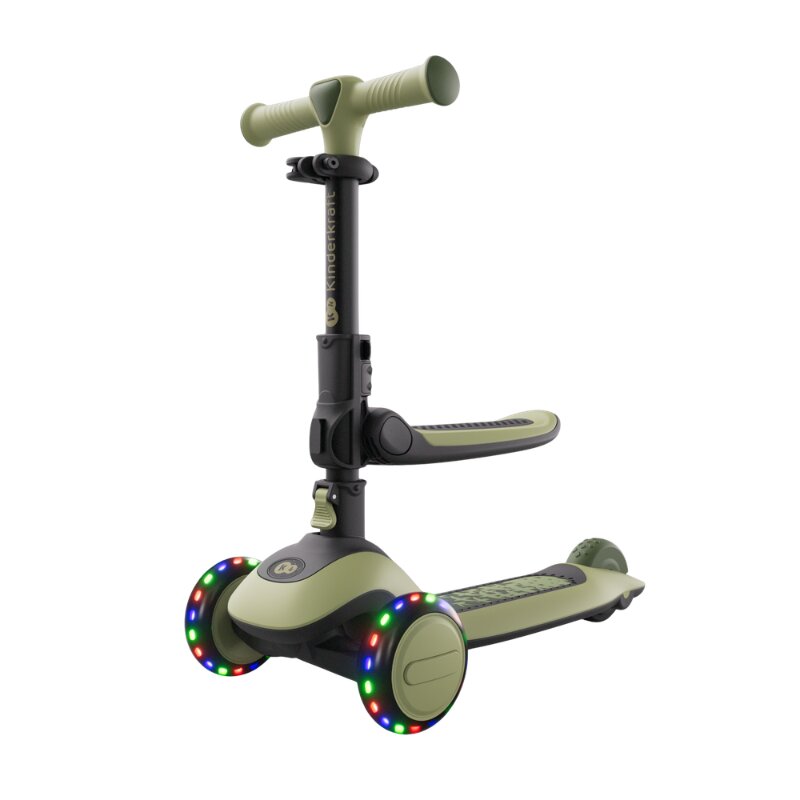 KINDERKRAFT Trotineta pentru copii Halley 2 Grassland Green reglabila pliabila roti Led luminoase cu scaunel