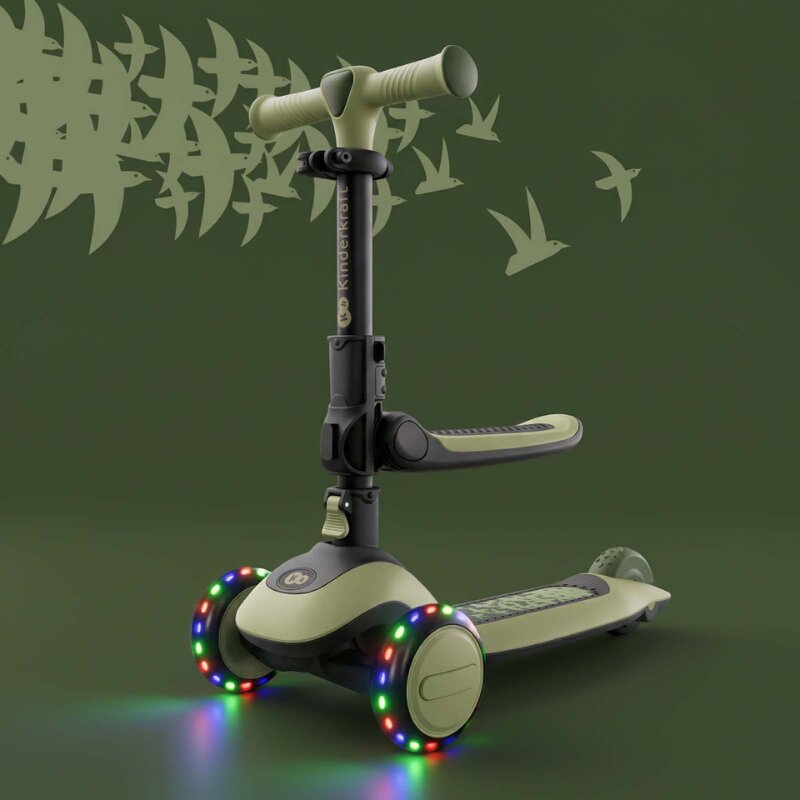 KINDERKRAFT Trotineta pentru copii Halley 2 Grassland Green reglabila pliabila roti Led luminoase cu scaunel