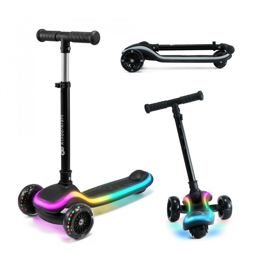 KINDERKRAFT Trotineta pentru copii Raket Black pliabila platforma si roti LED ghidon reglabil greutate admisa 50 kg